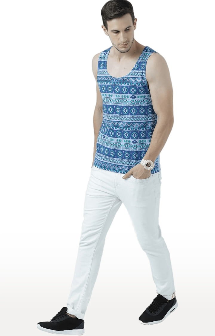 Men's Light Blue Cotton Printed Vest