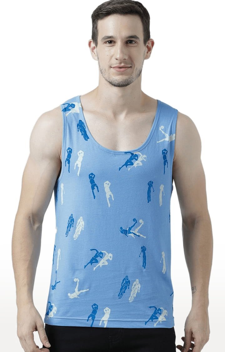 Men's Light Blue Cotton Printed Vest