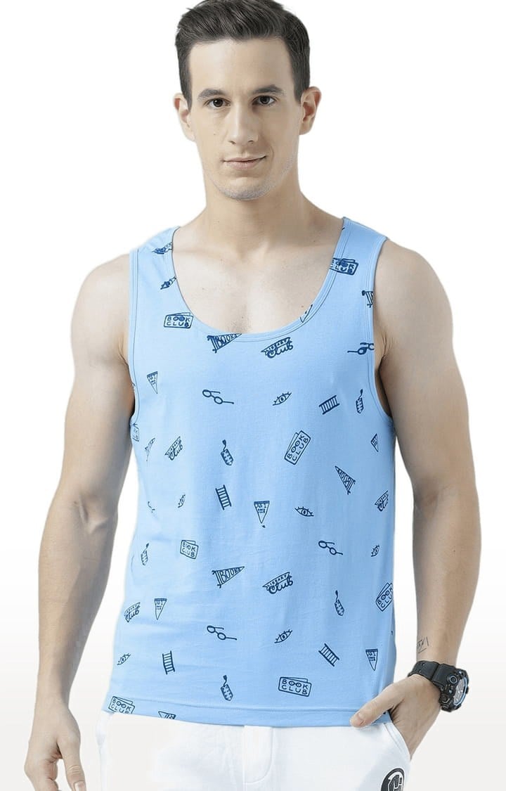 Men's Light Blue Cotton Printed Vest