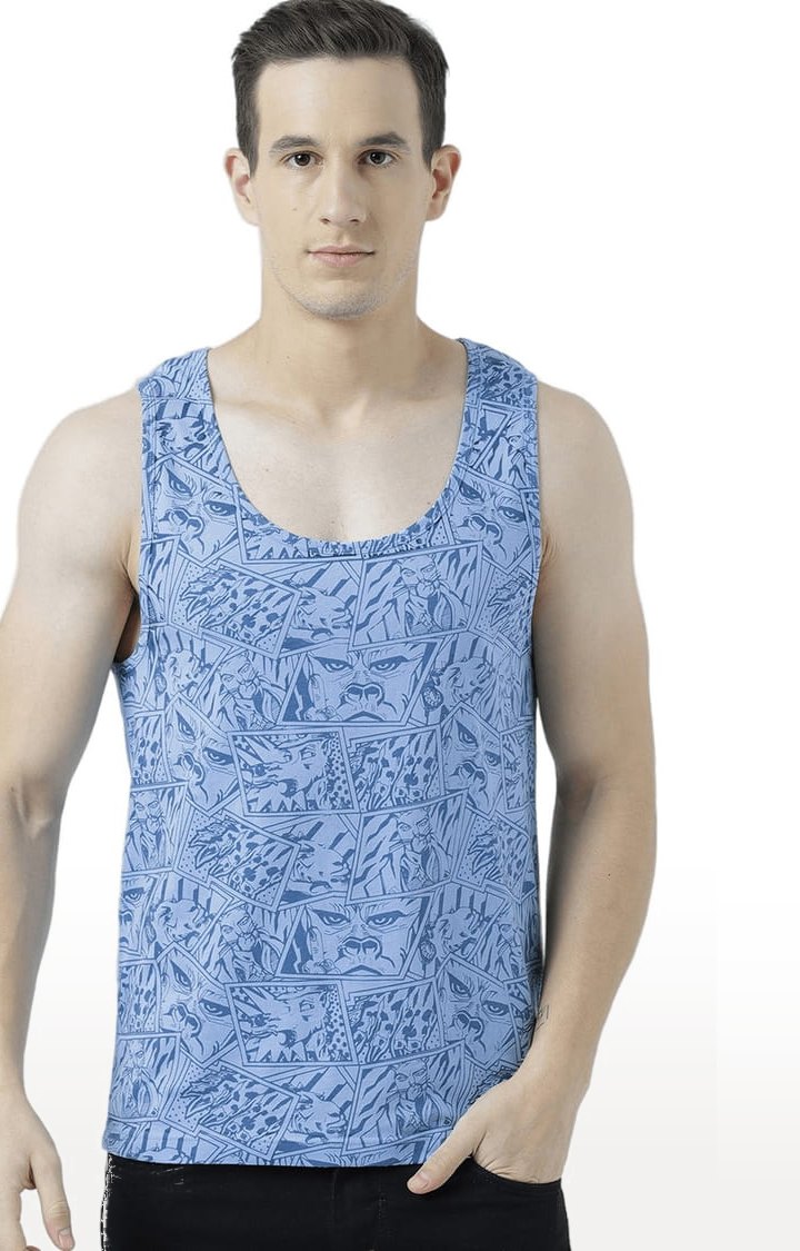 Men's Light Blue Cotton Printed Vest