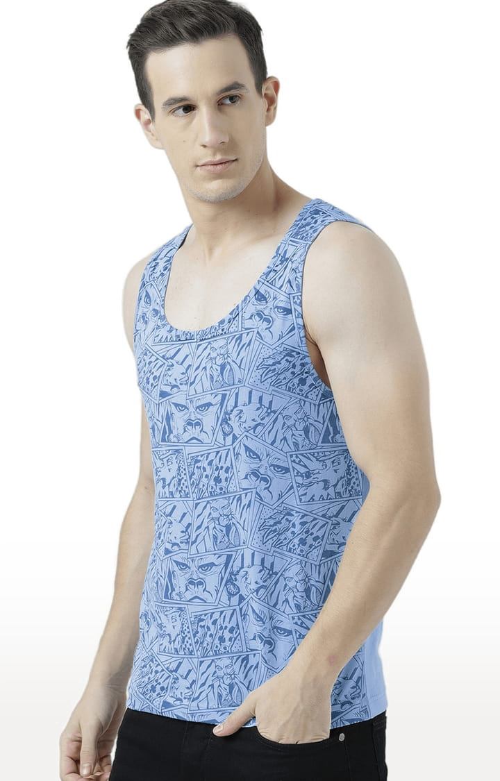 Men's Light Blue Cotton Printed Vest
