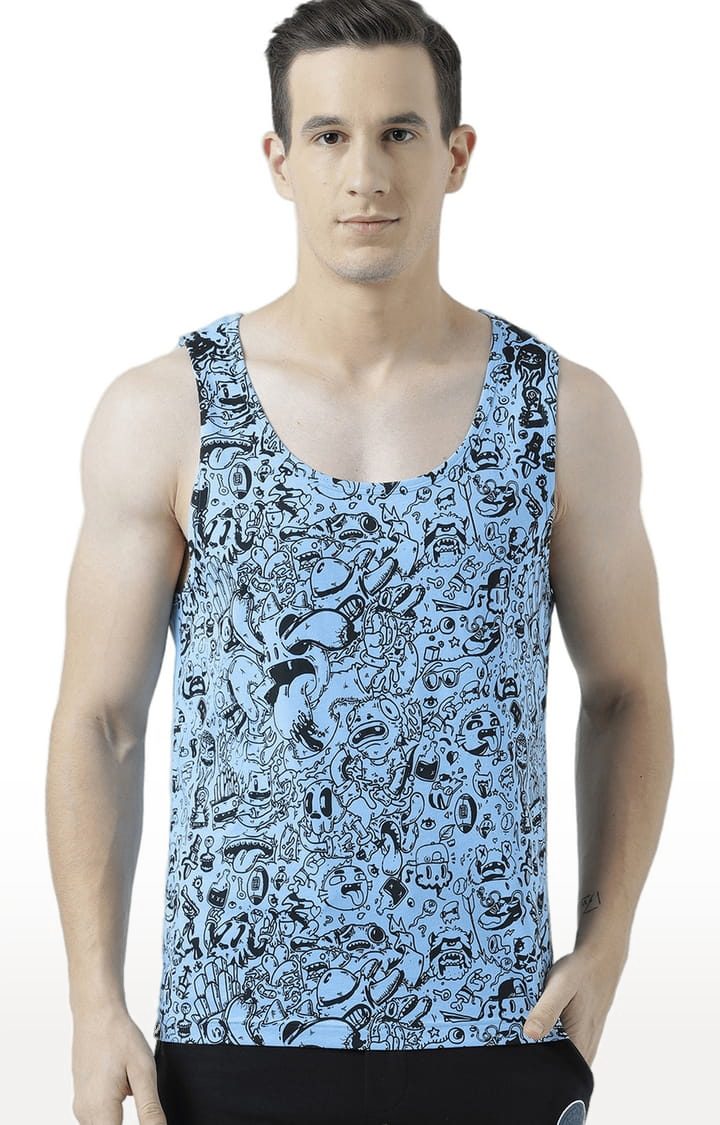 Men's Light Blue Cotton Printed Vest