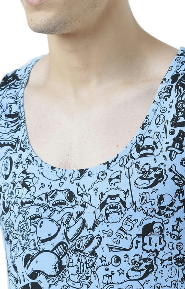 Men's Light Blue Cotton Printed Vest