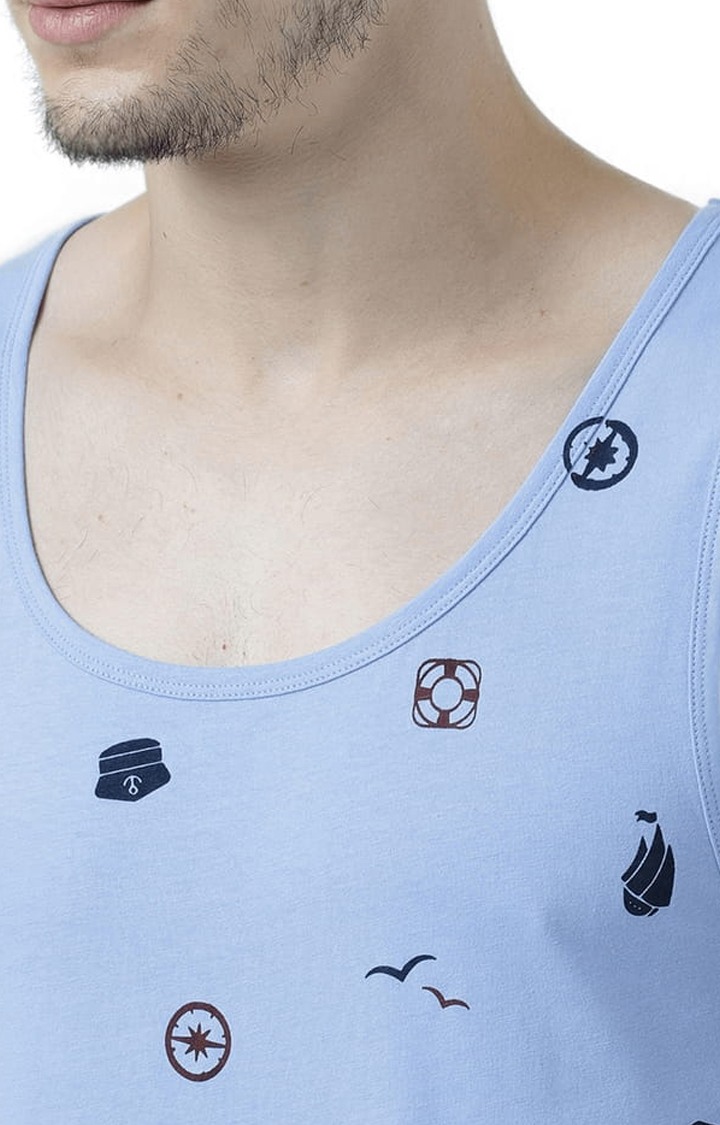Men's Light Blue Cotton Printed Vest