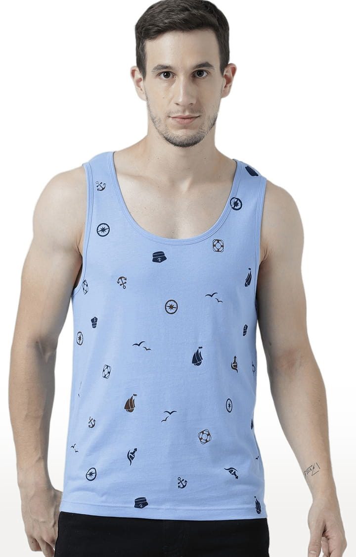 Men's Light Blue Cotton Printed Vest