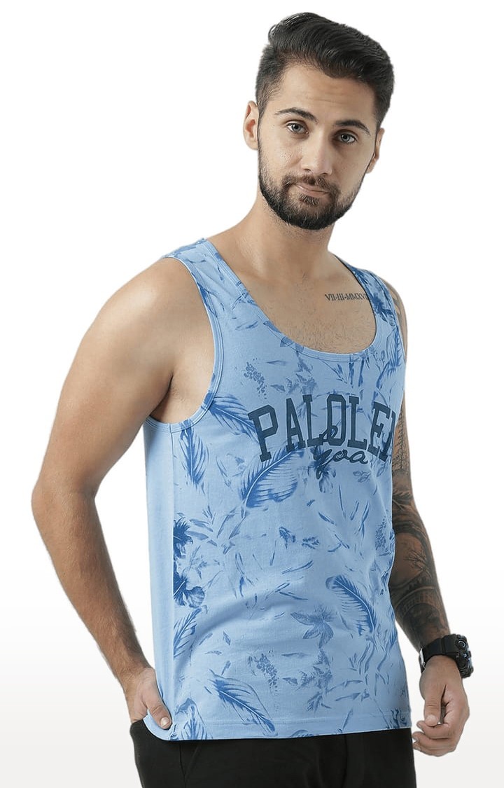 Men's Light Blue Cotton Printed Vest