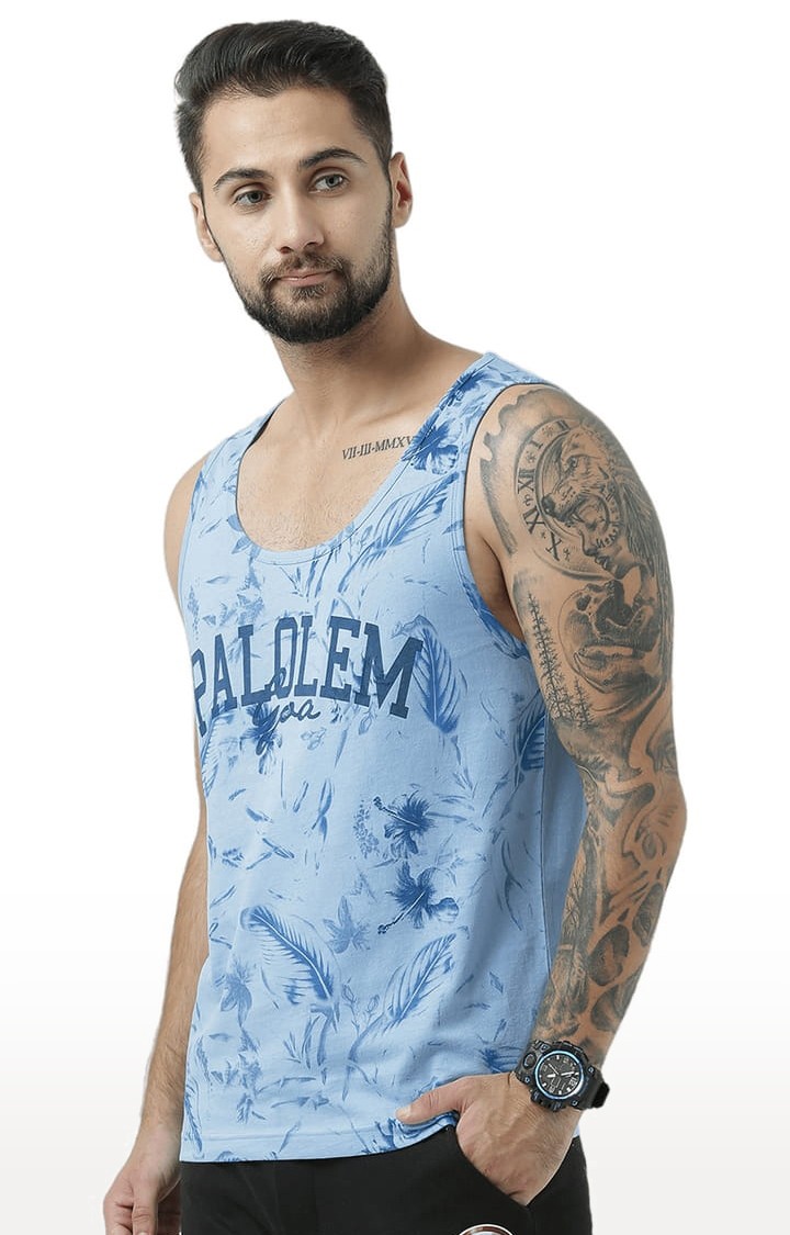 Men's Light Blue Cotton Printed Vest