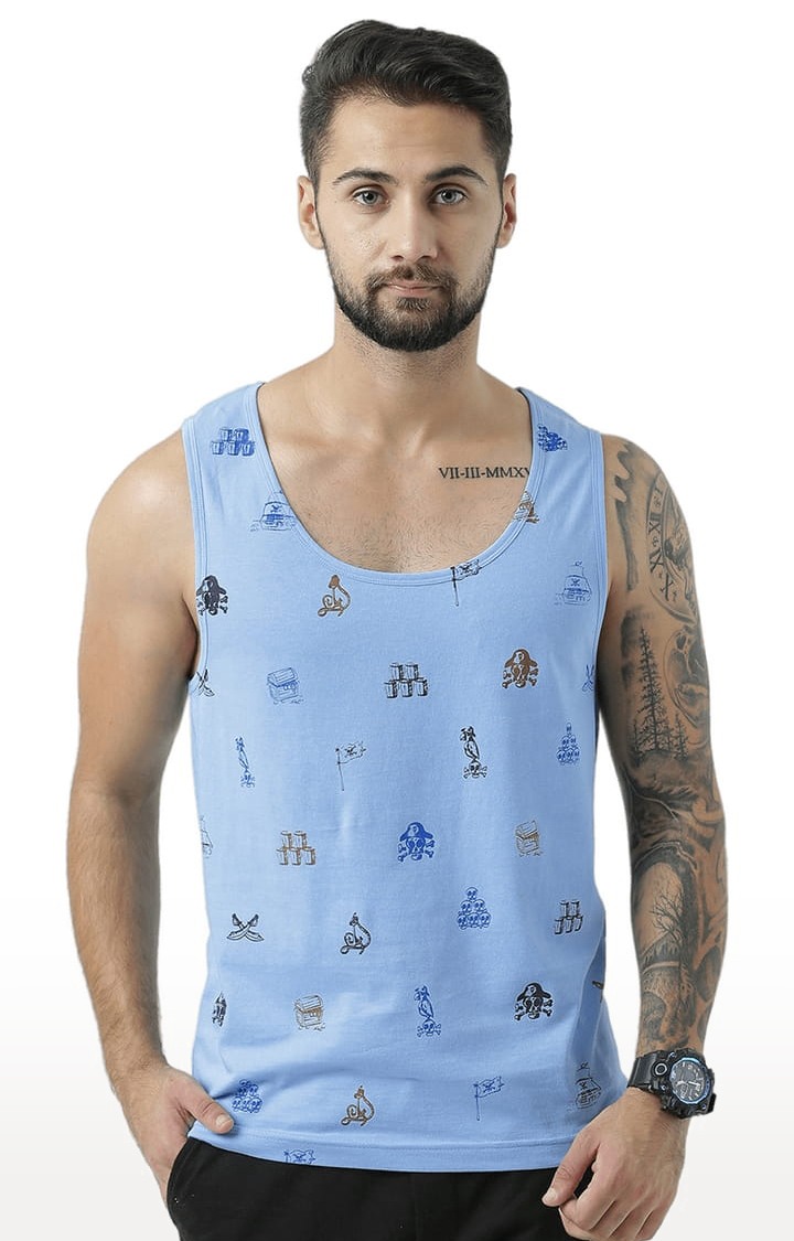 Men's Light Blue Cotton Printed Vest