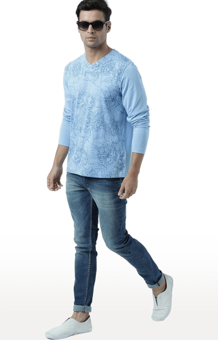 HUETRAP | Men's Sky Blue Cotton Floral Printed Regular T-Shirt 1