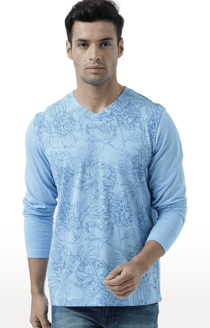 HUETRAP | Men's Sky Blue Cotton Floral Printed Regular T-Shirt 0