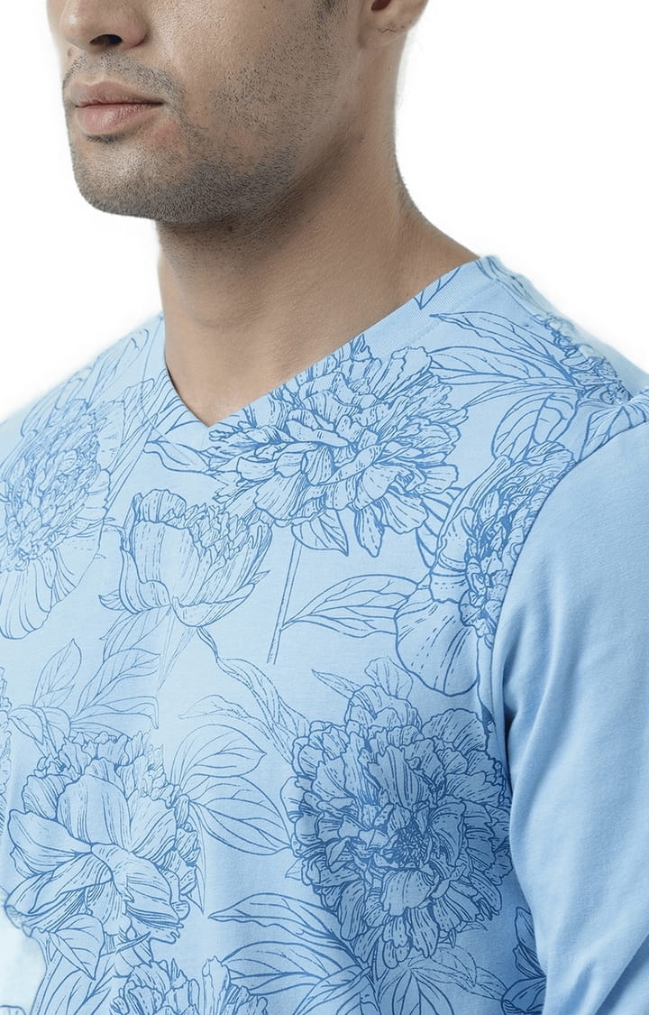 HUETRAP | Men's Sky Blue Cotton Floral Printed Regular T-Shirt 5