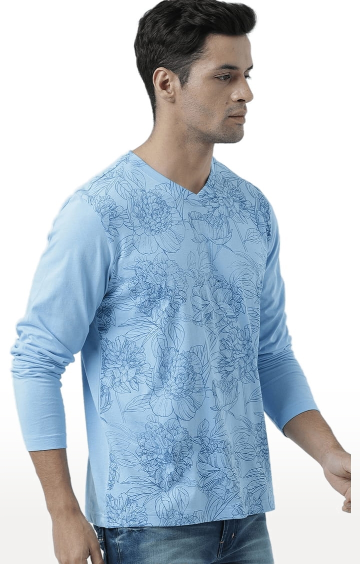HUETRAP | Men's Sky Blue Cotton Floral Printed Regular T-Shirt 2