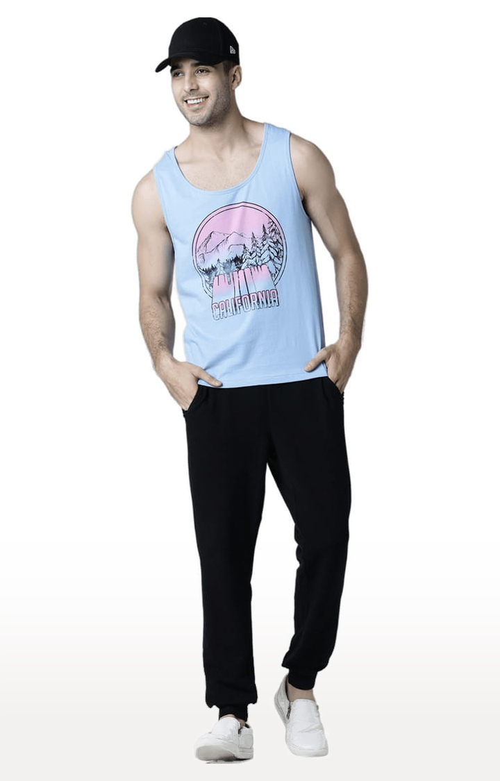 Men's Light Blue Cotton Printed Vest