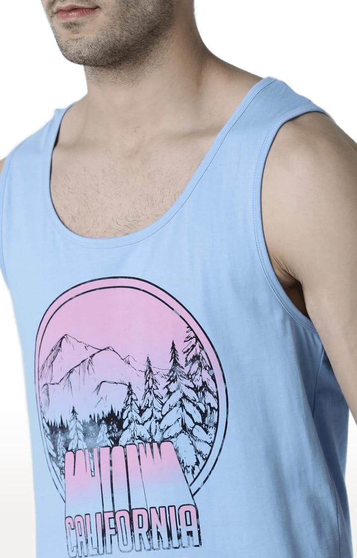 Men's Light Blue Cotton Printed Vest