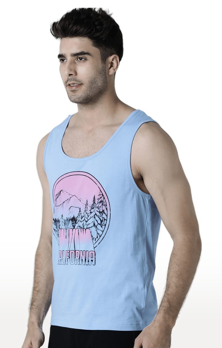 Men's Light Blue Cotton Printed Vest