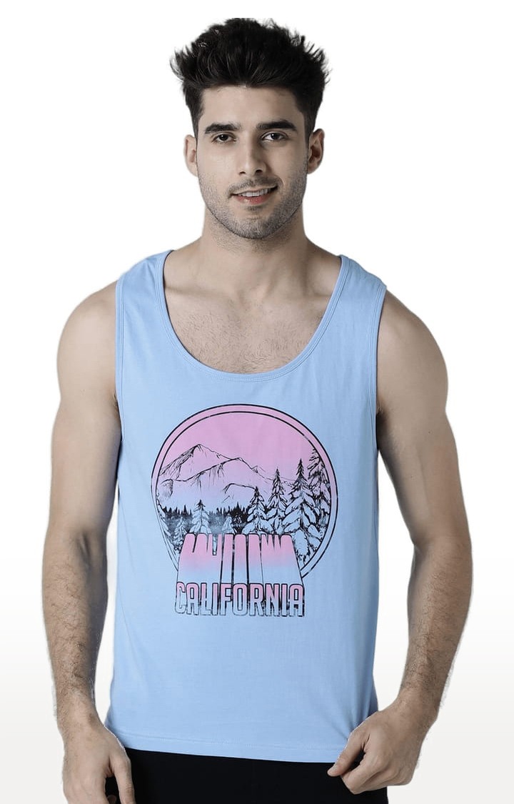 Men's Light Blue Cotton Printed Vest