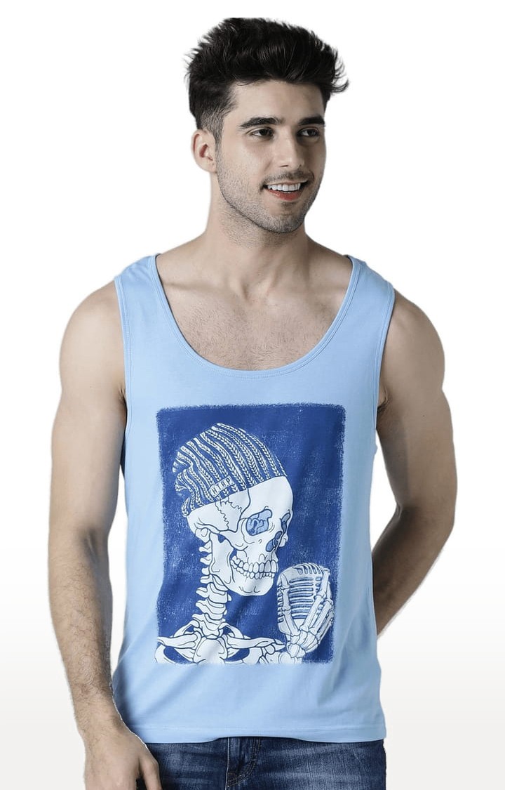 Men's Light Blue Cotton Printed Vest