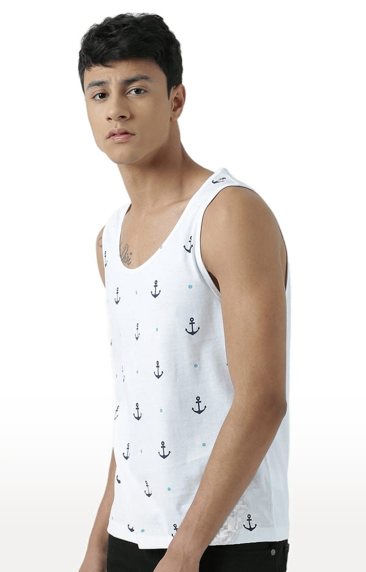 Men's White Cotton Printed Vest