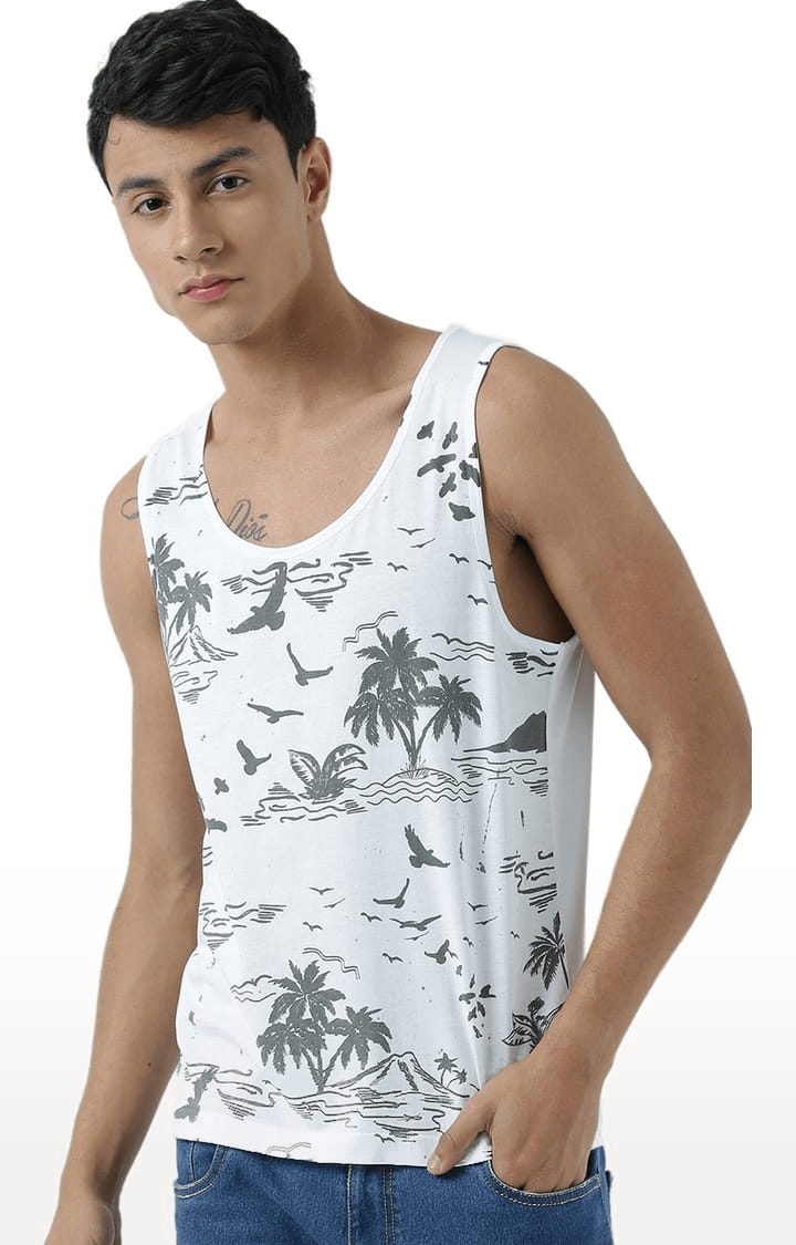 Men's White Cotton Printed Vest