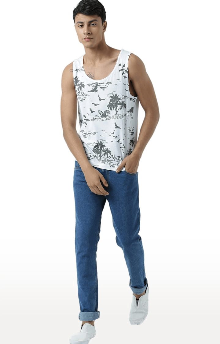 Men's White Cotton Printed Vest