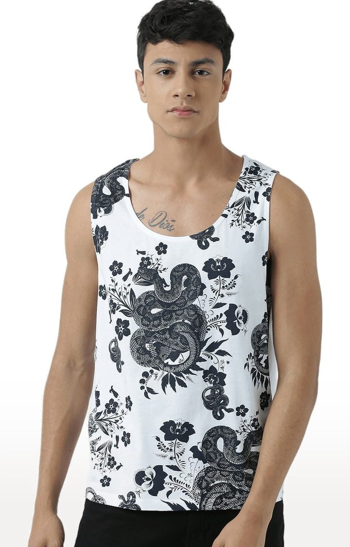Men's White & Black Cotton Printed Vest