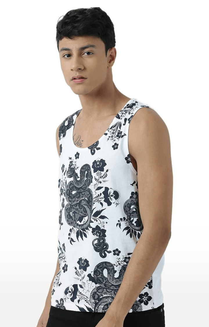 Men's White & Black Cotton Printed Vest