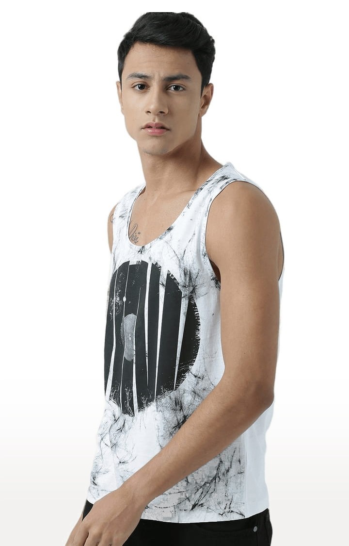 Men's White & Black Cotton Printed Vest
