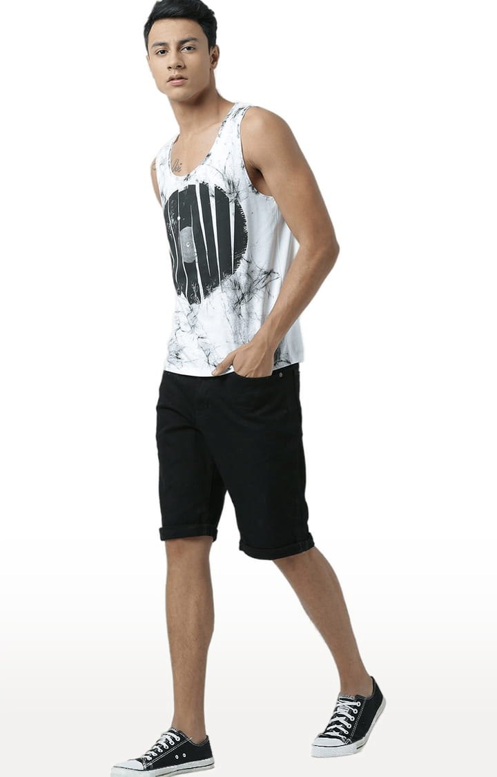 Men's White & Black Cotton Printed Vest