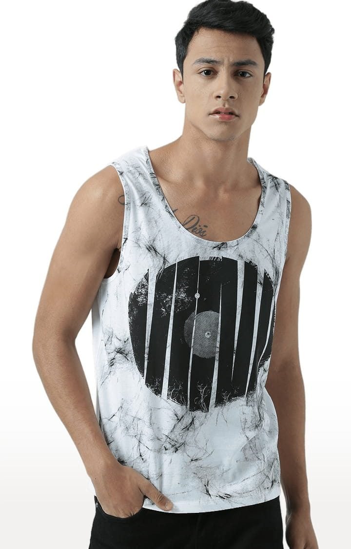 Men's White & Black Cotton Printed Vest