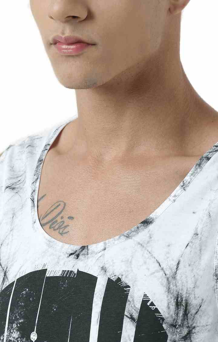 Men's White & Black Cotton Printed Vest