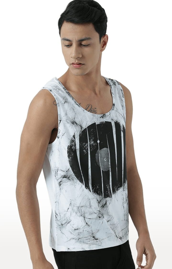 Men's White & Black Cotton Printed Vest