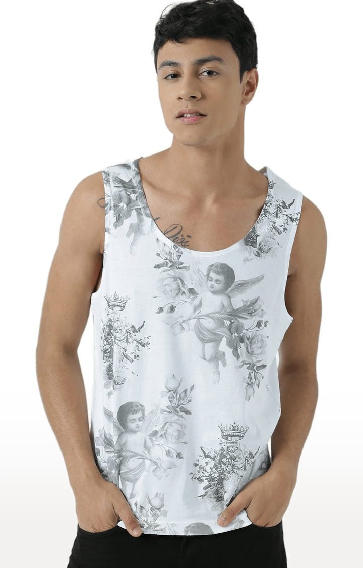 Men's White Cotton Printed Vest