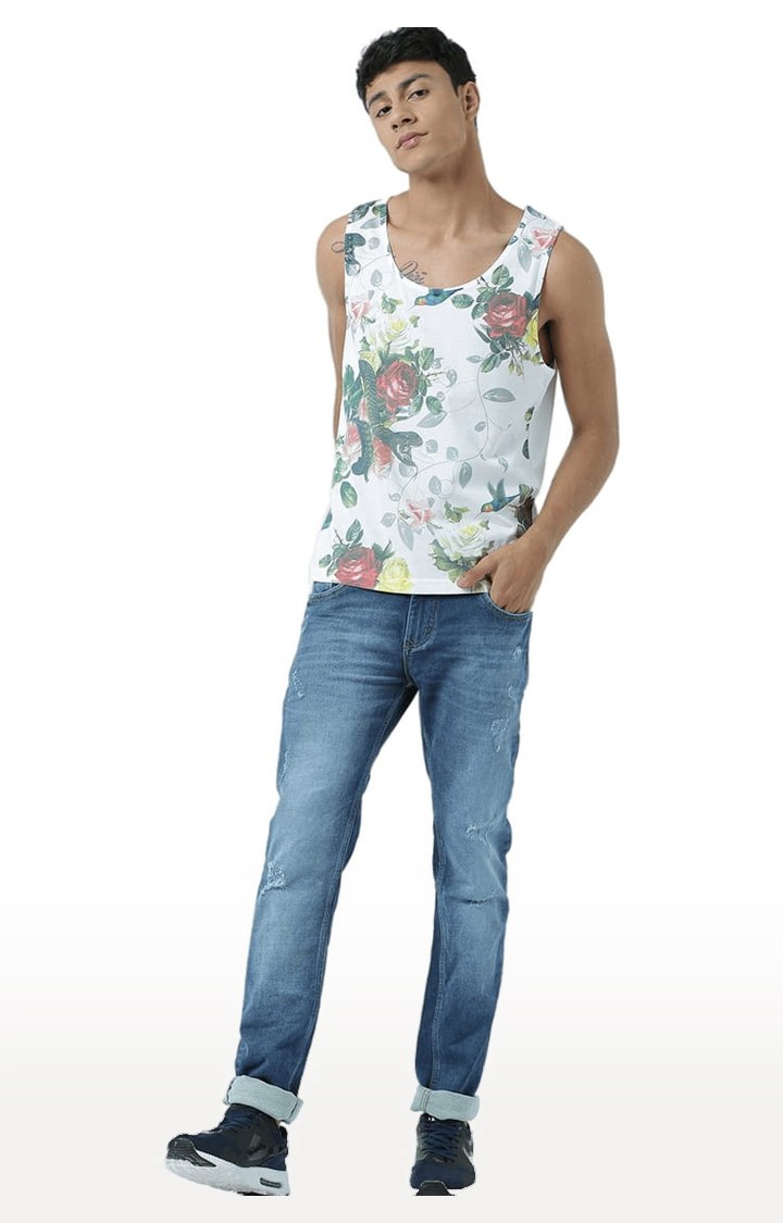 Men's White Cotton Floral Printed Vest
