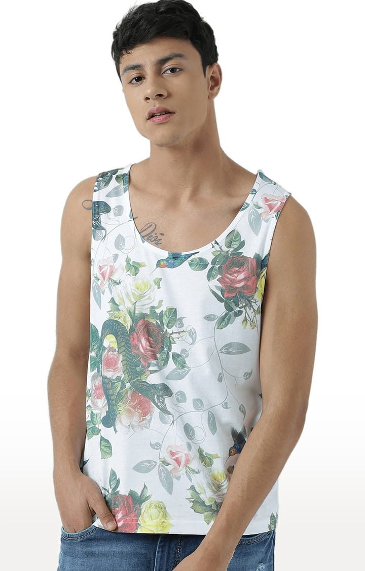 Men's White Cotton Floral Printed Vest