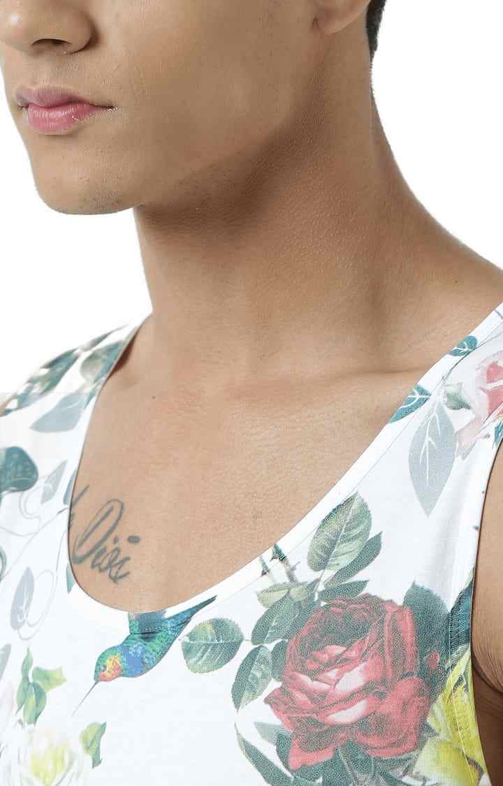 Men's White Cotton Floral Printed Vest