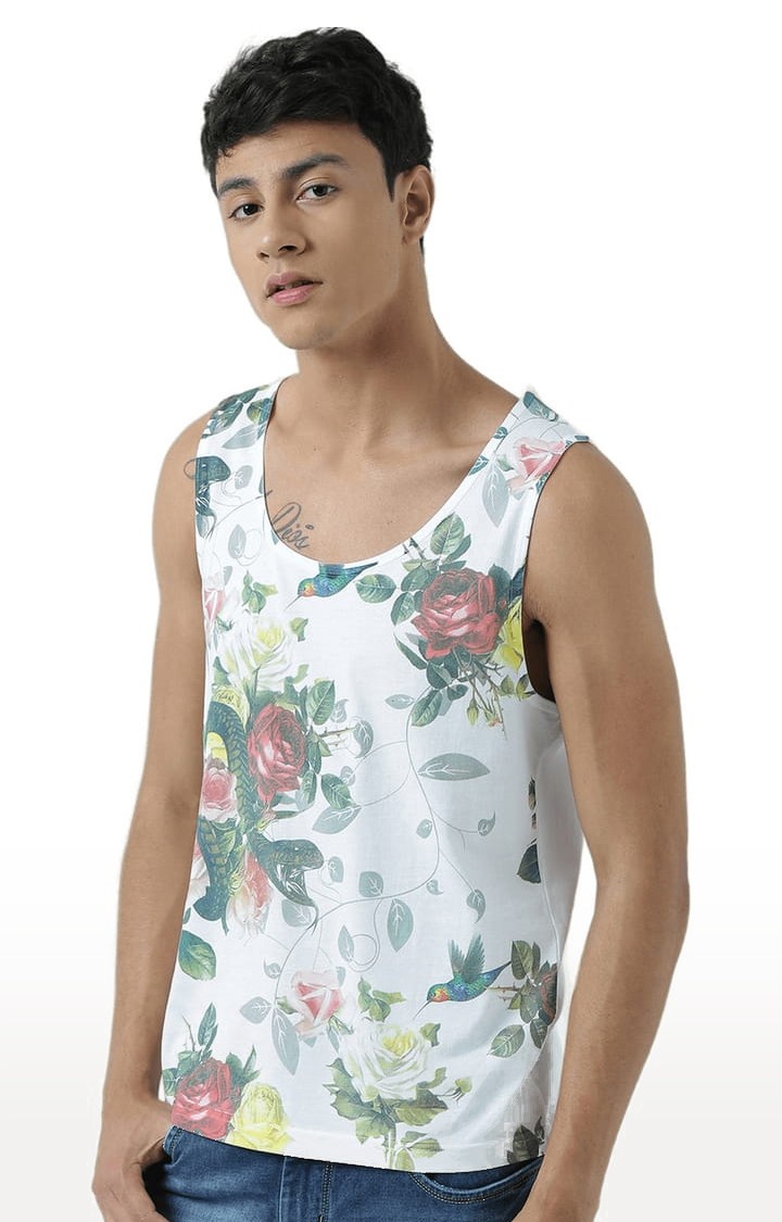 Men's White Cotton Floral Printed Vest