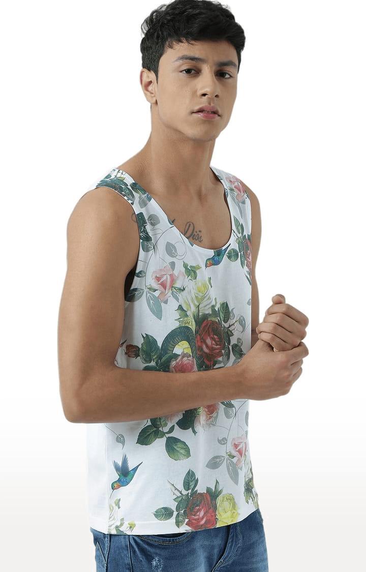 Men's White Cotton Floral Printed Vest