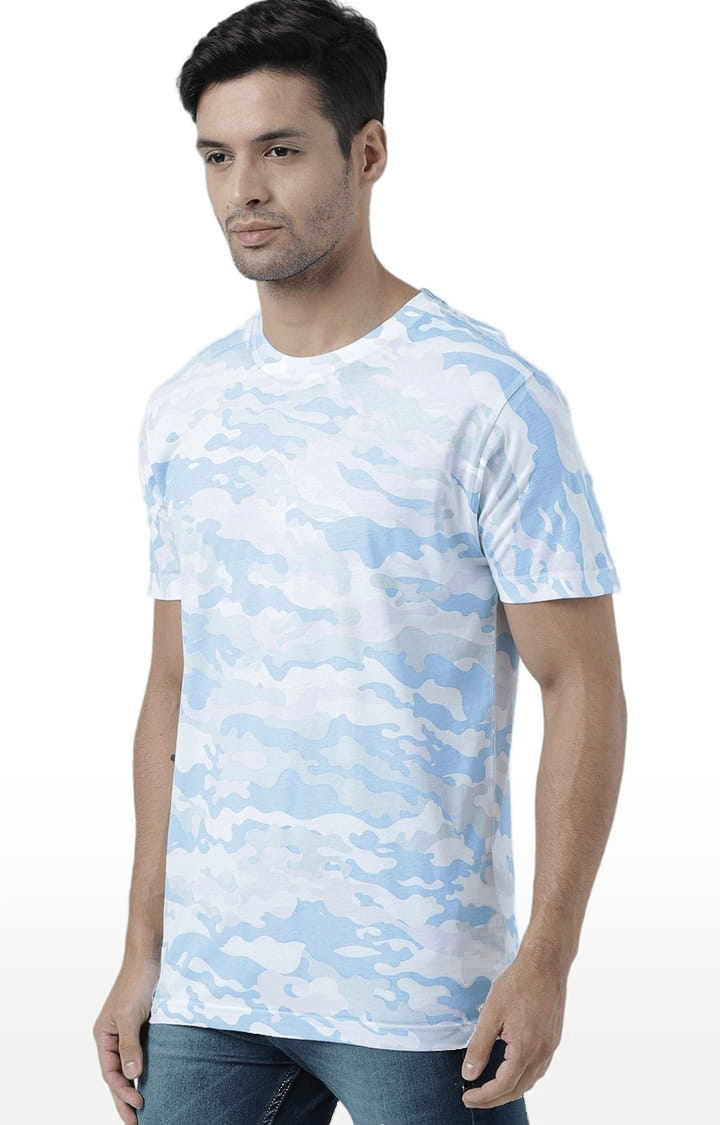 Men's White & Blue Camouflage Regular T-Shirt