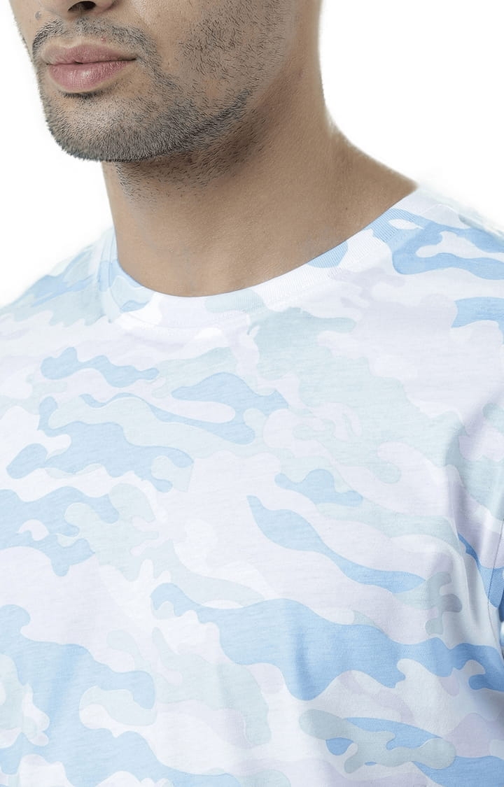Men's White & Blue Camouflage Regular T-Shirt