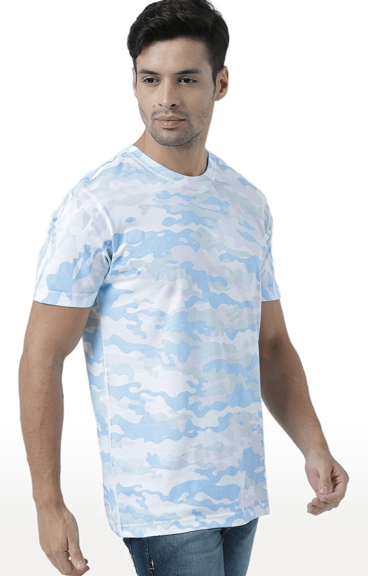 Men's White & Blue Camouflage Regular T-Shirt