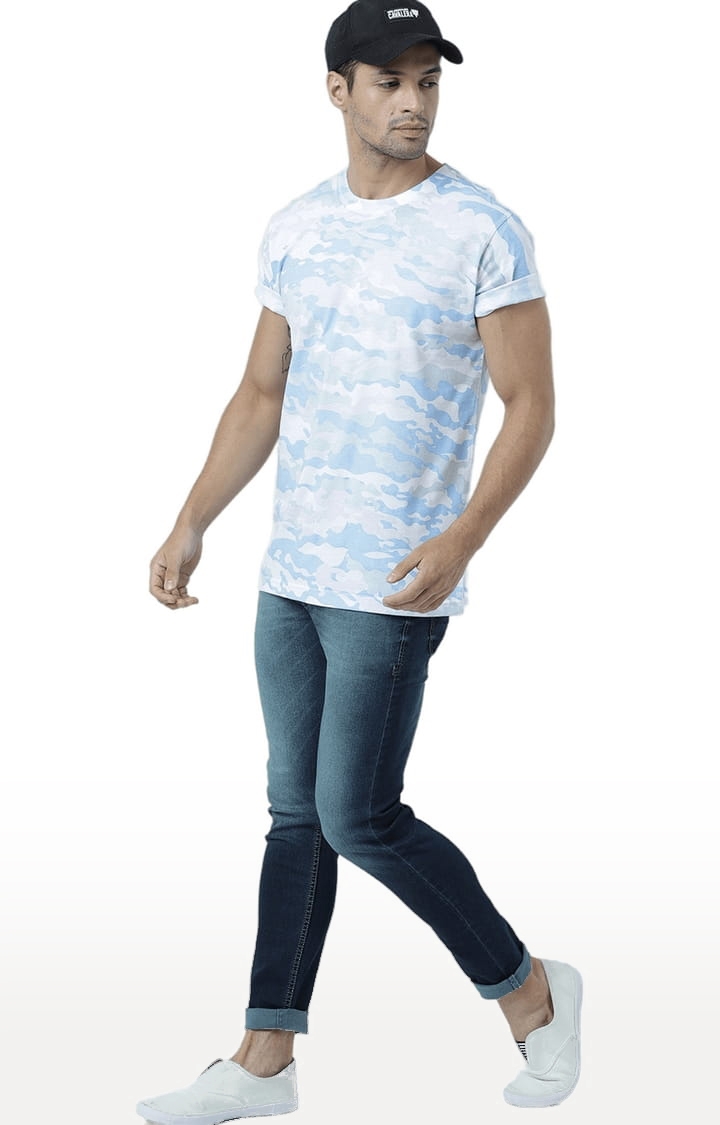 Men's White & Blue Camouflage Regular T-Shirt