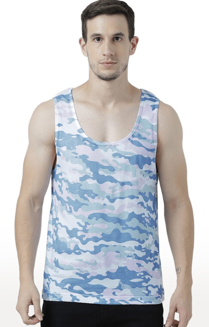 Men's White & Blue Cotton Camouflage Printed Vest