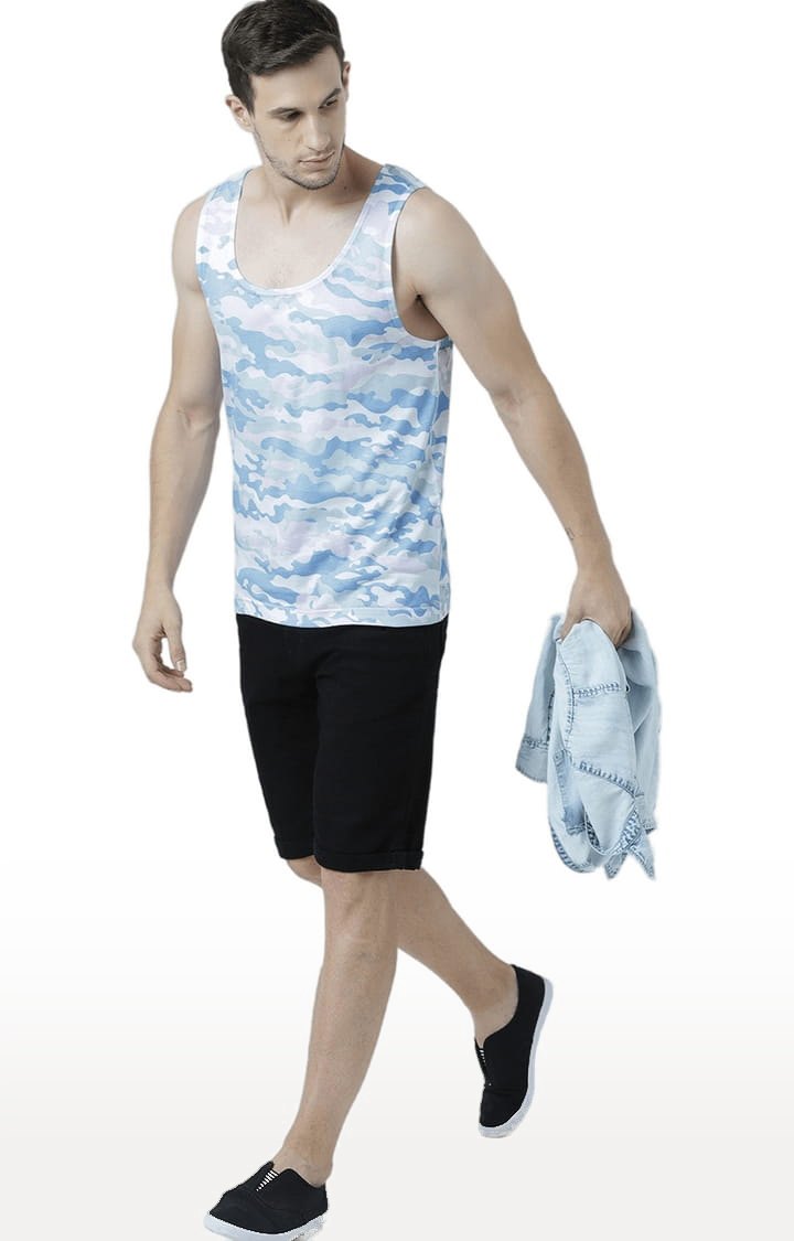 Men's White & Blue Cotton Camouflage Printed Vest