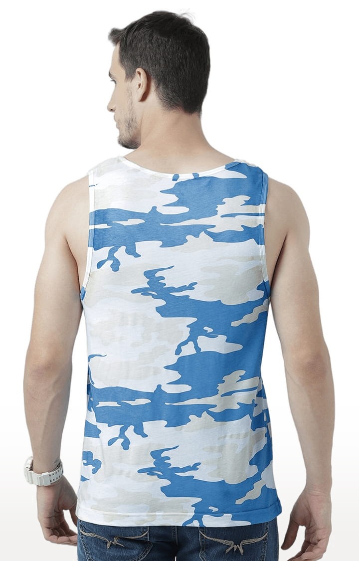 Men's White & Blue Cotton Printed Vest