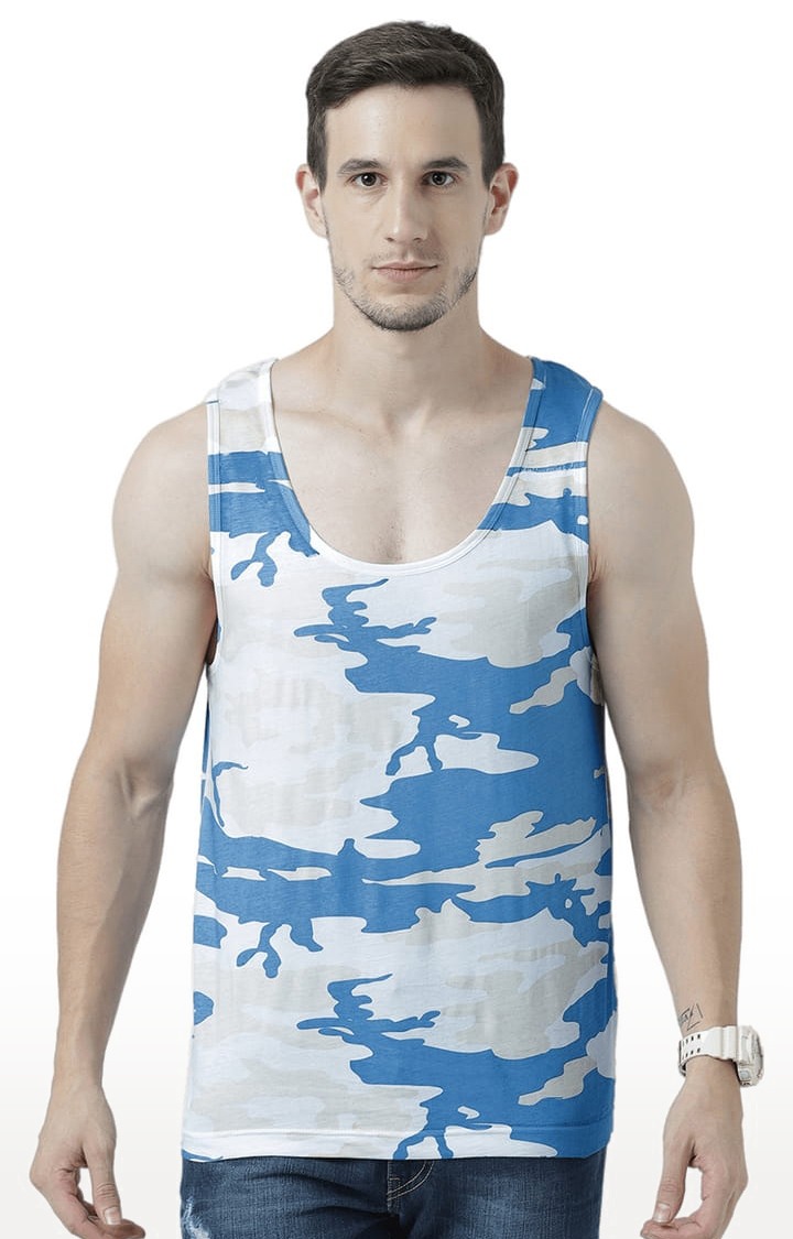 Men's White & Blue Cotton Printed Vest