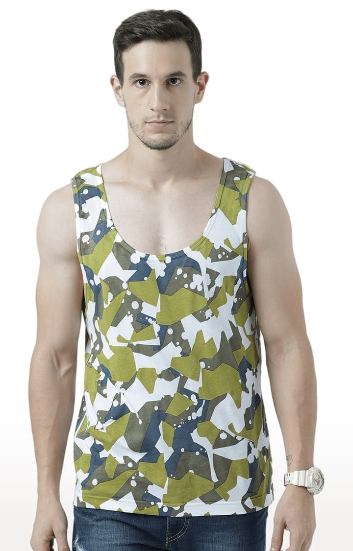 Men's White & Green Cotton Printed Vest