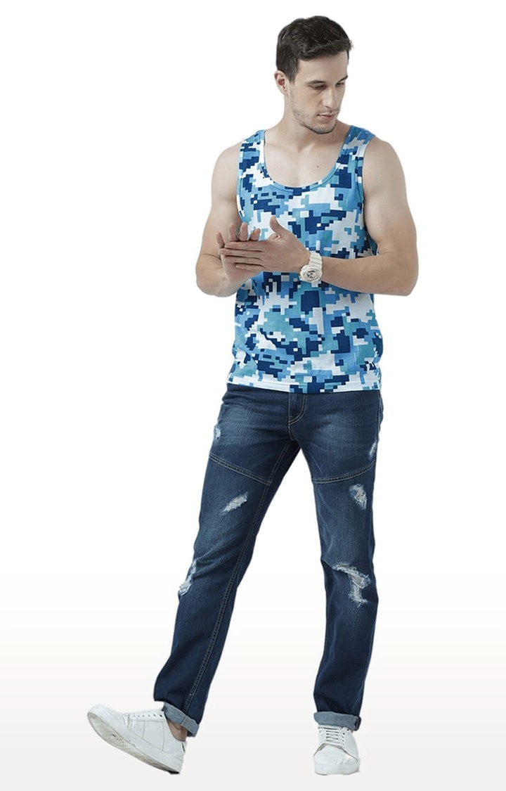 Men's Blue Cotton Printed Vest
