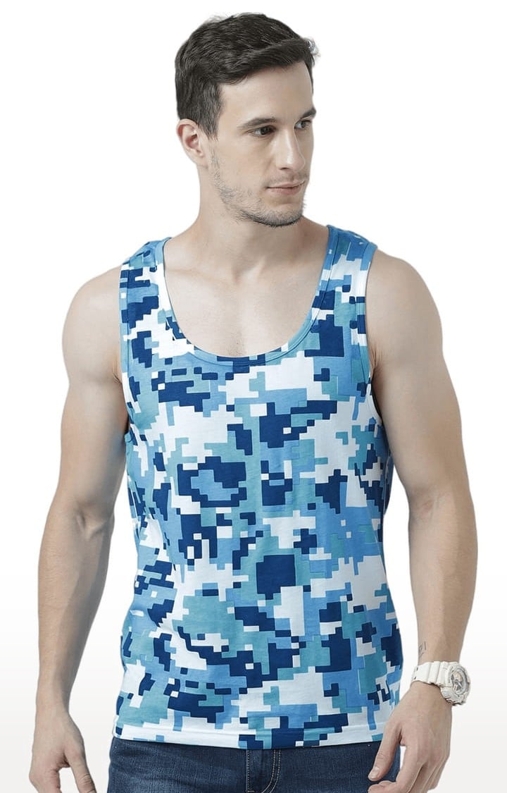 Men's Blue Cotton Printed Vest