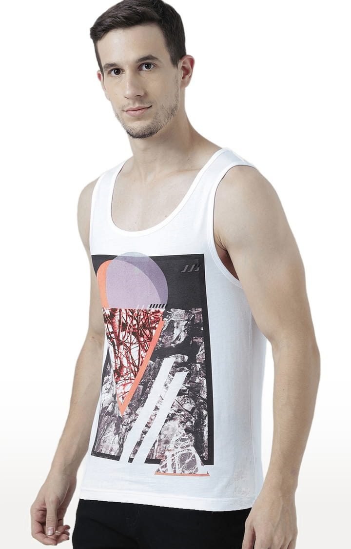 Men's White Cotton Printed Vest