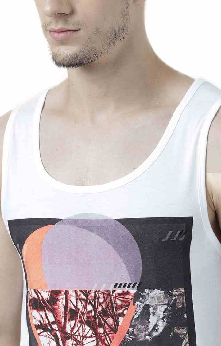 Men's White Cotton Printed Vest